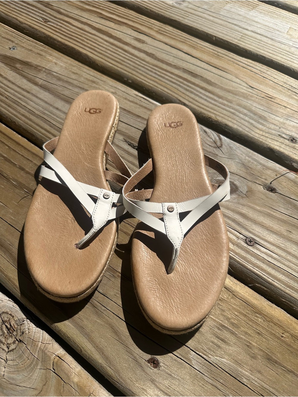 UGG Women’s Cream Leather Thong Sandals with Tan Footbed